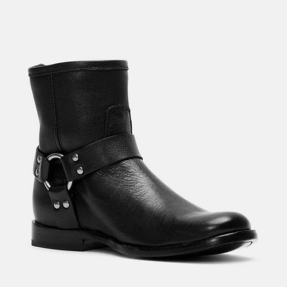 Frye Black Phillip Harness Short Leather Boots Ankle Moto Biker Rear Zip, Sz 6